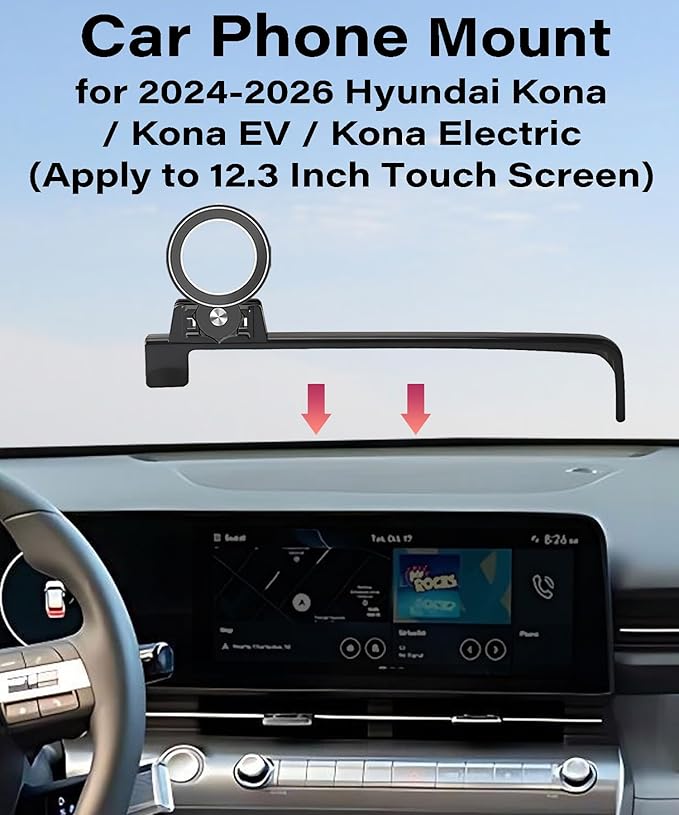 Car Phone Holder for Hyundai Kona/EV/Kona Electric 2024 2025 2026 Accessories Apply to 12.3 Inch Touch Screen Fixed Clip Magnetic Cell Phone Mount Hands-Free 360° Rotation