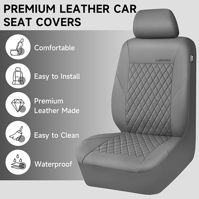 CAR PASS Quilting Faux Leather Seat Covers Full Set, Waterproof Deluxe PU Premium Auto Seat Cover, Breathable Seat Covers Universal Fit for Most Sedan SUV Van Small Truck, Airbag Compatible All Gray