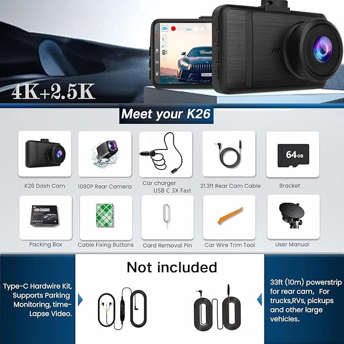 Dash Cam Front and Rear, 4K HD Dash Cam for Cars Built-in WiFi, Car Camera with Night Vision, 64GB Card, 170°Wide Angle, WDR, 3" IPS Screen, Loop Recording, G-Sensor, 24 H P Monitor (K26)