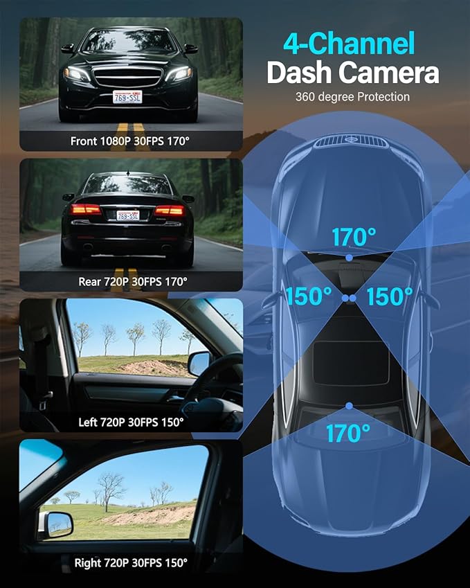 QXTAMO® 4 Channel Dash Cam Front and Rear Inside Left Right, 360 Degree View Dash Camera for Cars, 1080P Dashcam, 5G WiFi Car Camera with Night Vision, 24/7 Parking Monitor, G-Sensor, Free 64GB Card