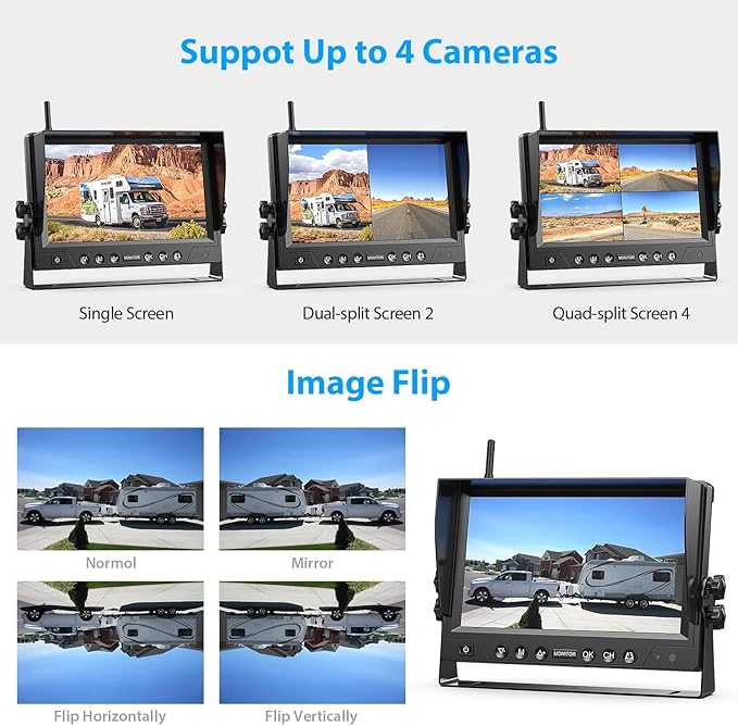 ZEROXCLUB 4 Magnetic Solar Wireless Backup Camera HD1080P 9" Loop Recording Monitor, Quad RV Rearview Backup Cameras Wireless System for Trailer RV Trucks, Built-in 9600mAh Solar Battery, BL904