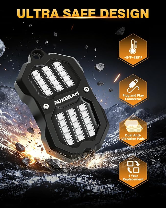 Auxbeam 8 Pods RGB LED Rock Lights with Brake Mode Wheel Well Lights w/Bluetooth APP+Remote Control Music Voice Sync Waterproof Dynamic Color Changing Underglow Kit for Trucks ATV Car 1 Year Warranty