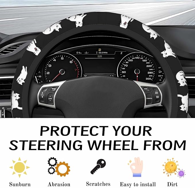 Steering Wheel Cover Accessories Neoprene Cover, Breathable Non-Slip Easy to Install Suitable for Women Men, 14.5-15.5 Inch for Car SUV Van Truck Universal - Lazy Kitten