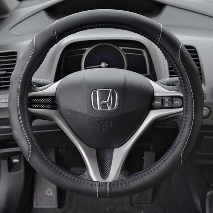 Motor Trend Ergonomic Steering Wheel Cover/Protector for Small Size Steering Wheels in Cars, SUVs, Boats (13.5-14.5") (Drive Pro Comfort Grip (Black/Gray Stitching))