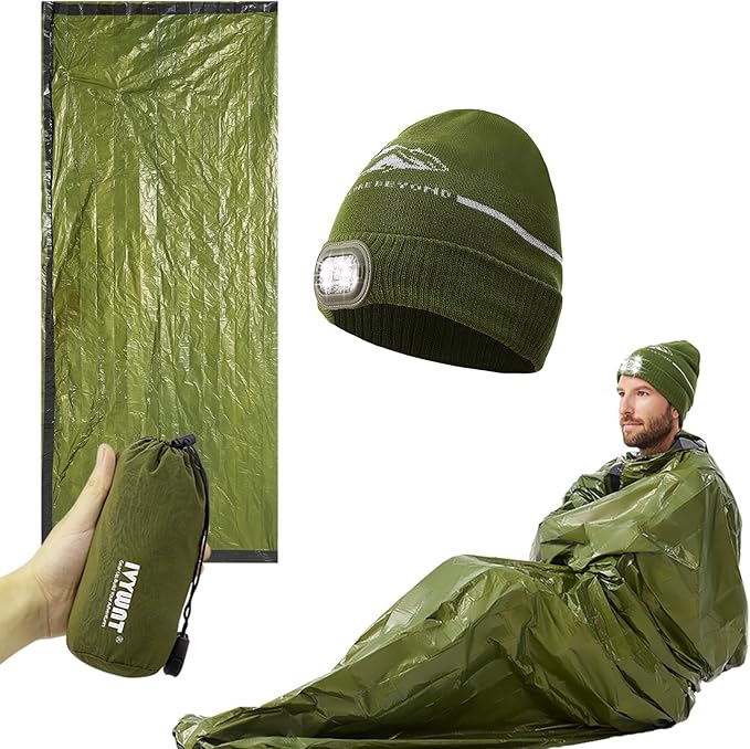 Emergency Sleeping Bag & LED Beanie Hat Set, Waterproof Thermal Mylar Bivy Sack, Portable Survival Gear for Hiking, Camping, Bug-Out Bags & Emergency Kits