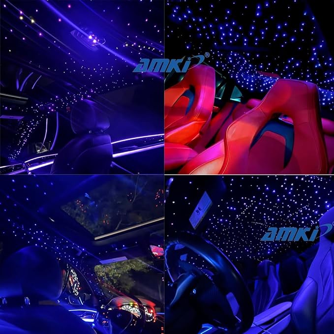 AMKI Mini 6W Starlight Headliner Kit 200pcs 0.03in 6.5ft,Twinkle+Sound Activated Fiber Optic Light 4Lamp Beam Starlight Box APP/Remote Control for Car Home Star Ceiling Decoration