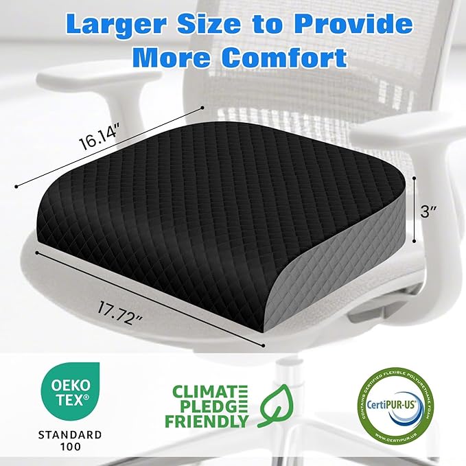 Seat Cushion for Office Chair, Memory Foam Chair Cushions, Car Seat Cushion for Long Sitting, Desk Chair Cushion for Pressure Relief, Non-Slip Bottom, Washable Cover, Large, Black