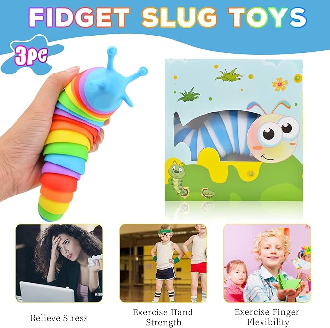 Cevioce Fidget Slug Toy,3Pcs Sensory Slug Fidget Toy for Kids & Adults, Cute 3D Articulated Stim Toy - Easter Gifts for Kids Boys Girls ADHD Autism Easter Basket Stuffers for Kids Toddlers