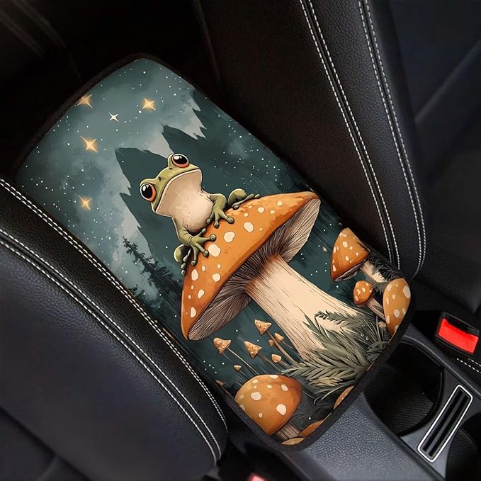 Frog Mushroom Print Car Center Console Pad for Women Men, Universal Auto Armrest Box Protector for Most Cars SUV Trucks Vans