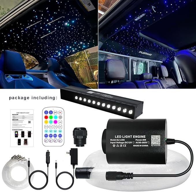 AZIMOM Mini 6W Twinkle 400pcs0.03in 9.8ft Fiber Optic Starlight Headliner+ 180pcs Fiber Pure White Meteor Shooting Star for Car Home, End Glow Fiber Strands Sound-Activated APP& Remote Control