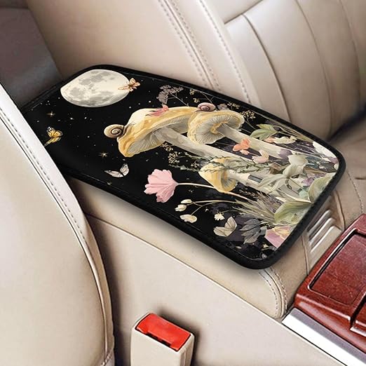 Moon and Stars Mushrooms Snails Car Auto Armrest Cushion Cover Accessories Center Console Seat Box Pad Protector Universal Decoration for Most Vehicle SUV Truck