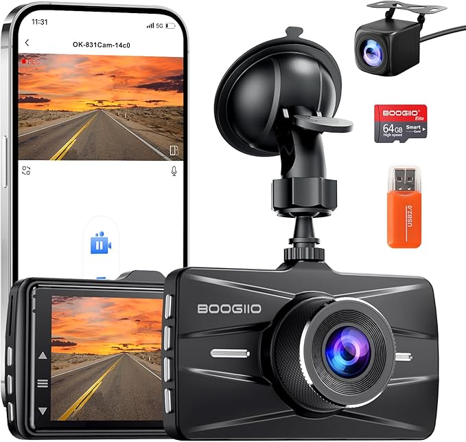 BOOGIIO Dash Cam Front and Rear with 64GB SD Card, 4K Dash Camera for Cars with APP, 5G WiFi Car Camera, Built-in G-Sensor, 170° Wide Angle, Night Vision, 24H Parking Mode,Loop Recording,3" IPS Screen