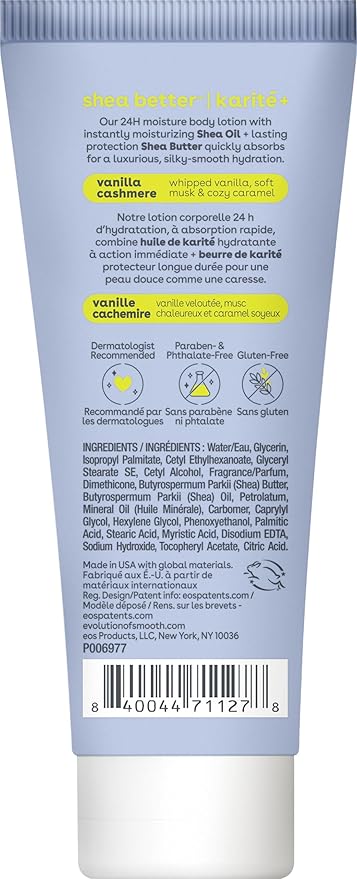eos 24H Moisture Travel Body Lotion- Vanilla Cashmere,Travel Size Essential,Toiletries,Mini Body Lotion For Dry Skin,2.5 fl oz,(Pack of 2)