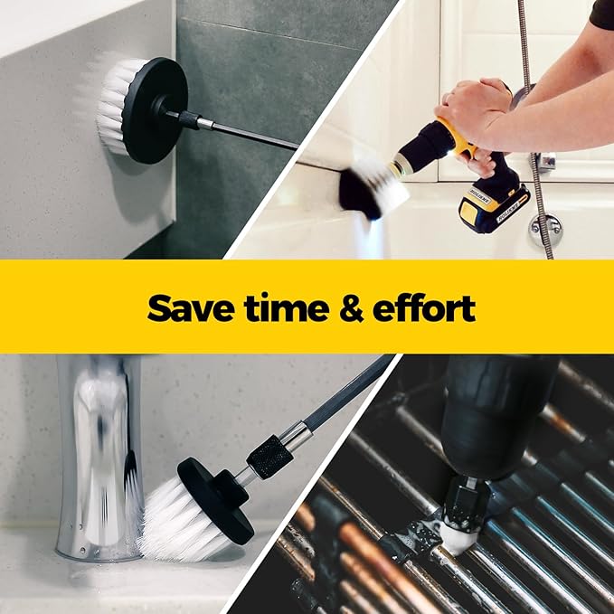 Holikme 6Pack Drill Brush Power Scrubber Cleaning Brush Extended Long Attachment Set All Purpose Drill Scrub Brushes Kit for Grout, Floor, Tub, Shower, Tile, Bathroom and Kitchen Surface White