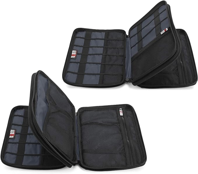 BUBM Double Layer Electronic Accessories Organizer, Travel Gear Bag for Cables, USB Flash Drive, Plug and More, Perfect Size Fits for iPad Mini (Medium, Dark Blue)