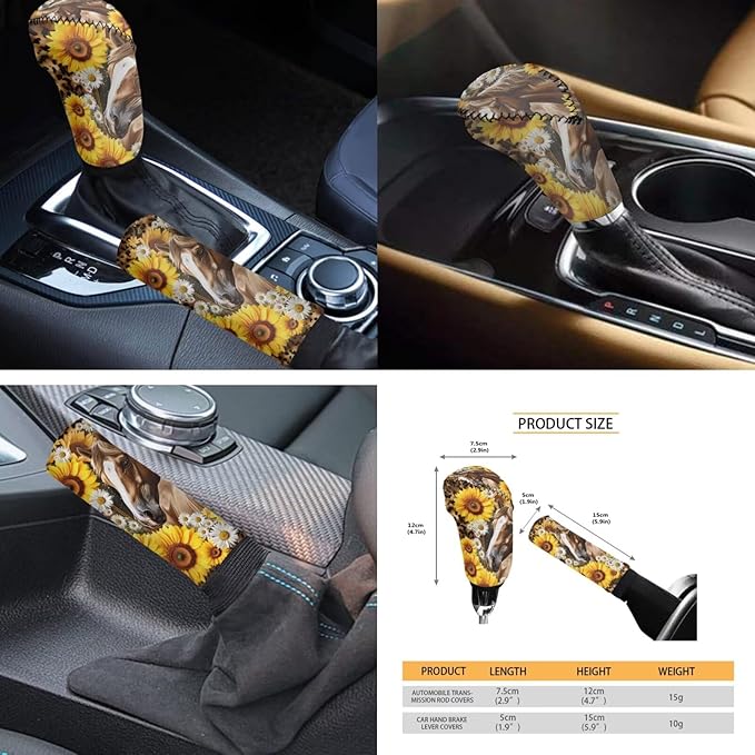 FKELYI Horse Car Seat Covers - Sunflower Leopard and Steering Wheel with Gear Shifter, Cup Coasters