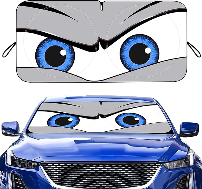 Car Windshield Sun Shade, Funny Eyes Sun Visor, Wear-Resistant Black Tape, Foldable 160x86cm/63x33.86inch