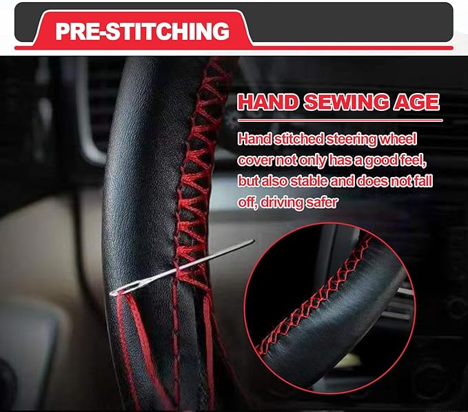 Direct Genuine PU Leather Steering Wheel Cover, 15 Inch Non-Slip Breathable/Soft and Comfortable Feeling, Genuine PU Leather Stitch On Wrap for Car Truck SUV - DIY Sewing with Needle Thread (red)