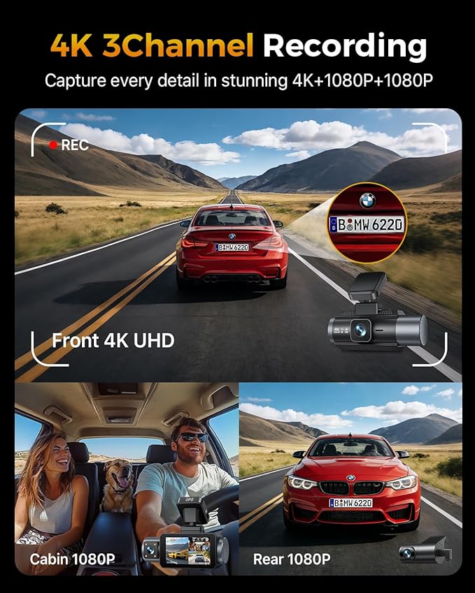 GKU 4K 3 Channel Dash Cam Front and Rear Inside, 3" IPS Screen, 5.8GHz WiFi Dash Camera for Cars, Built-in GPS, G-Sensor, 64GB Card Included, 24H Park Mode