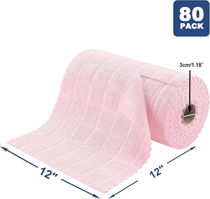Ferdilan 80 Pack Microfiber Cleaning Cloth Roll,Lint Free Rags Paper Towels & Tear Away Reusable Towels,Washable Shop Rags,Wash Cloths Dish Rags(12" x 12") for Car Kitchen Window Garage-Pink