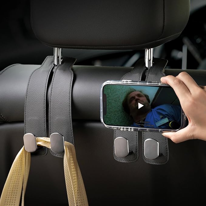 Genuine Leather Car Seat Hooks for Headrest - Flexible Car Seat Back Storage Hook for Purses and Bags, Upgraded Car Purse Hook Holder Hanger Organizer for Head Rest (Black-1 Pack)