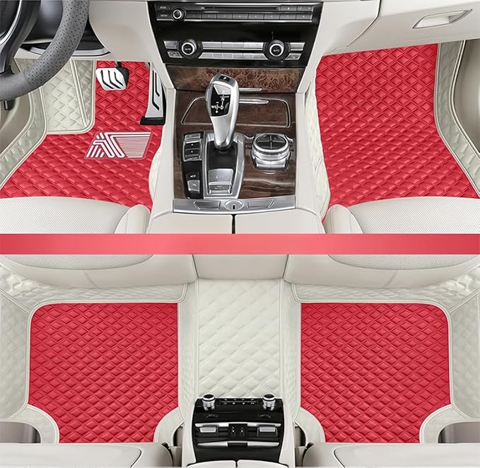 Custom Making Car Floor Mats for 98% Sedan SUV Car Protection Full Coverage Mats Anti-Slip Leather Floor Liners All Weather Car Floor Mats (White+Fashion Red)