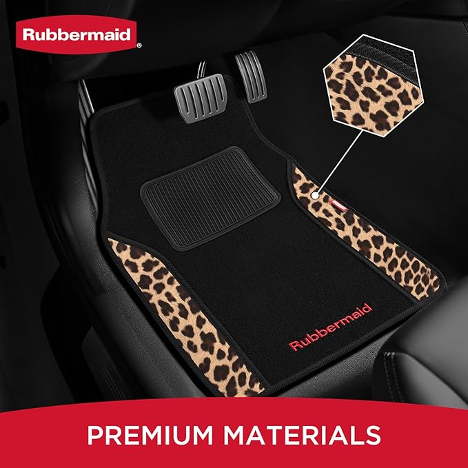 Rubbermaid Car Mats, Carpeted Floor Car Mat with Faux Leather & Built-in Heel Pad, Two-Tone Car Rug Floor Mats, Stylish Carpeted Floor Mats for Cars, Trucks & SUVs Leopard Patten Design