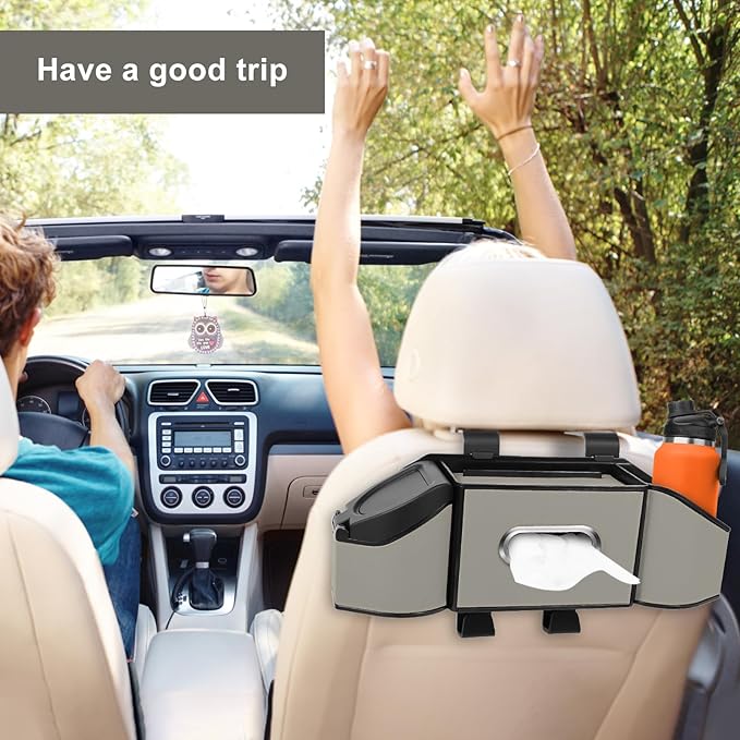 7-In-1 Car Seat Back Organizer with Cup Holders, Tissue Box, Garbage Can&Hooks, Multifunctional Headrest Storage Organizer, Headrest Cup Holder for Backseat, Car Accessories for Trips, Travels(Gray)