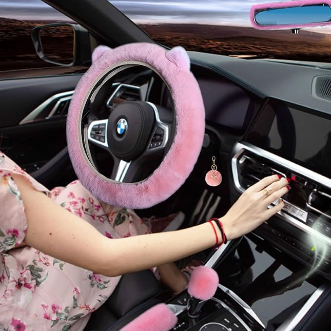 ZYNQACC 9 Pack Cute Bear Fluffy Car Accessories for Women Girls,Kawaii Fuzzy Steering Wheel Cover Universal 15 inch Plush Cute Ears (Pink)