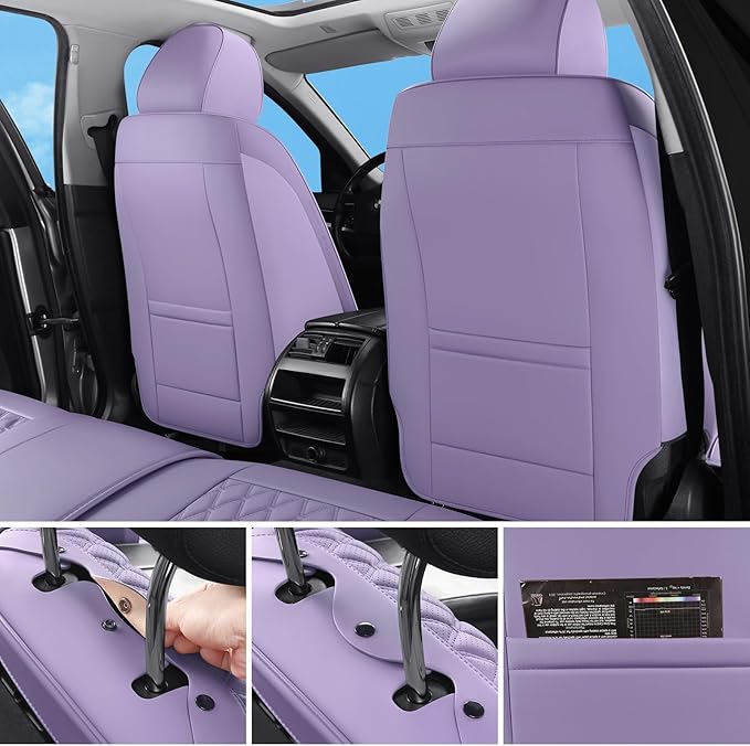 Car Seat Covers Front Seats Purple, Luxury Faux Leather Waterproof Non-Slip Women Seat Protector Universal Fit for Most Cars SUVs Trucks Pick-ups,Car Interior Accessories (Light Purple-Front Seats)