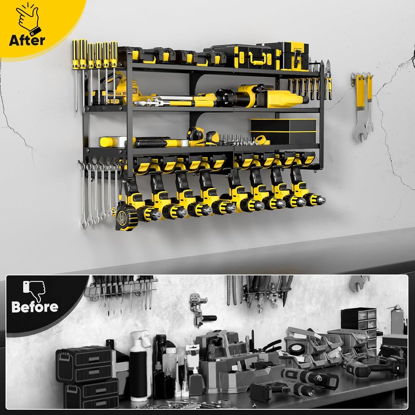 Large Power Tool Organizer Wall Mount,4 Layers Heavy Duty Metal Loads 400lbs,Power Tool Shelf Battery Storage with 8 Cordless Drill Holder,Utility Racks for Garage Workshop