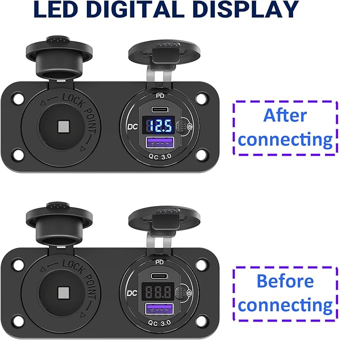 Cigarette Lighter Socket 12 Volt USB Outlet: PD 20W C and QC3.0 Car Port Aluminum Metal 12V Plug, 150W Charger Panel with Power Switch LED Voltmeter for Marine Boat RV Golf Cart