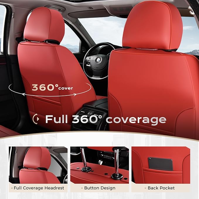 Coverado Car Seat Cover, Cover for Cars Full Seat, Premium Leather, Universal Fit Waterproof Seat Protectors, Car Seat Cushion Non-Slip for Most Cars-Red