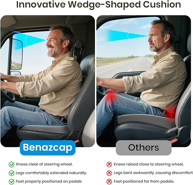 Benazcap Car Seat Cushion - Memory Foam Car Seat Pad - Sciatica & Lower Back Pain Relief - Car Seat Cushions for Driving - Road Trip Essentials for Drivers