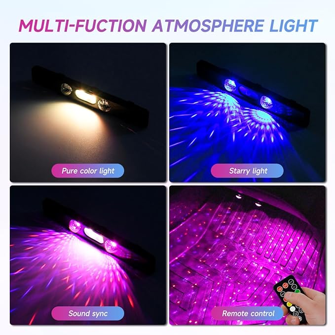 Car Led Lights Interior Wireless with Remote RGB Sound Control, USB Charge & Atmosphere Lights, Ambient Neon Accent Starry Lighting Kits, Wireless Interior Car Lights (2)
