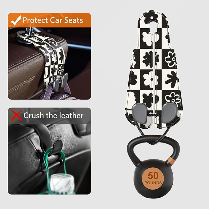 CoBak Purse Hook for Car - Universal Premium Stitched Leather and Aluminum-Magnesium Alloy Double Car Seat Back Storage Hook for Purses, Handbags, Bags (2 Pack),Chess Flower