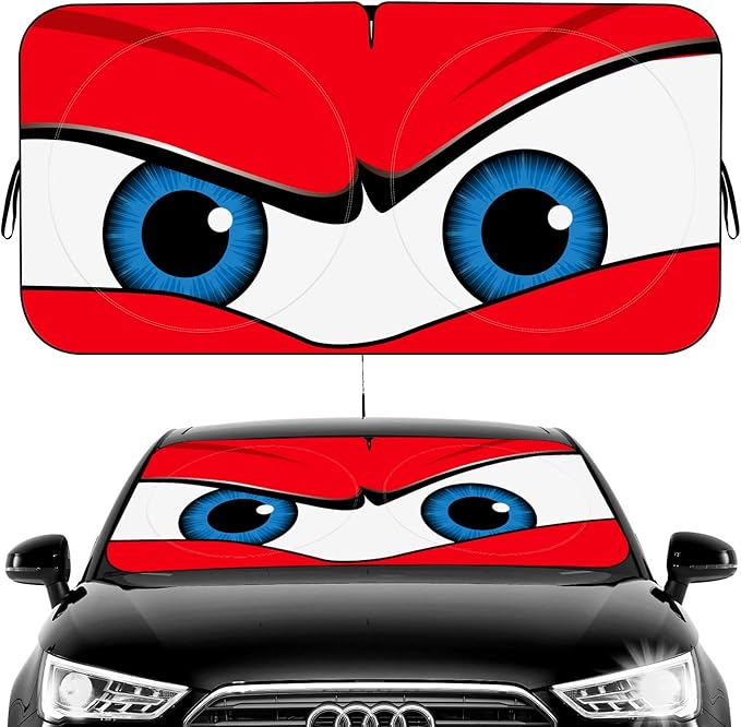 Car Windshield Sun Shade, Funny Car Eyes Sun Visor Wear-Resistant Black Tape, Foldable 63.7" L x 32" W