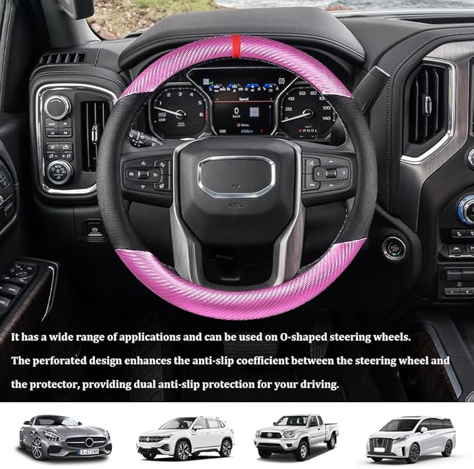 Car Steering Wheel Cover, Steering Wheel Accessories, 15 Inch Microfiber Leather Carbon Fiber Soft Anti-Slip Breathable, Car Accessories Elastic Non-Slip Cover for Most Vehicles (Pink)