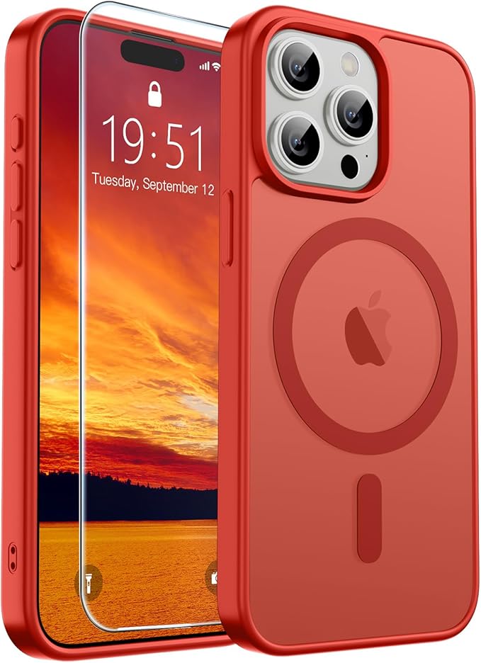 SUPFINE Magnetic for iPhone 15 Pro Max Case (Compatible with MagSafe) (Military Grade Drop Protection) Slim Translucent Matte Shockproof with Anti-Fingerprint Phone Case,Red