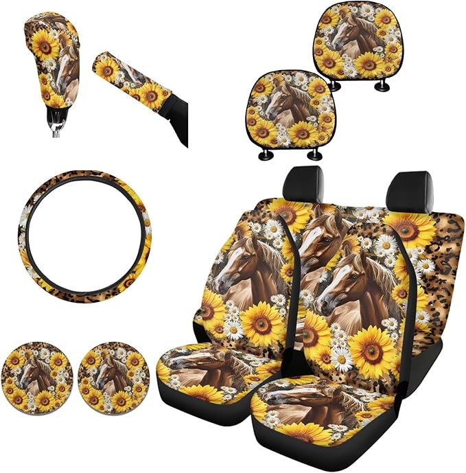 FKELYI Horse Car Seat Covers - Sunflower Leopard and Steering Wheel with Gear Shifter, Cup Coasters