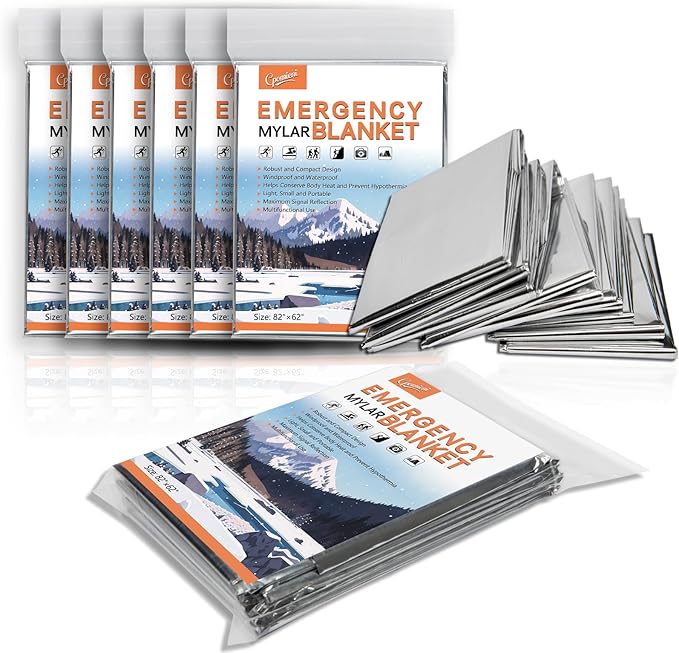 6 Pack - Large 82” x 62” Survival Emergency Mylar Thermal Blankets, Thermal Survival Blanket Perfect for Camping, Hiking, Body Insulation, Outdoors, Car Survival Kit, Bug Out Bag