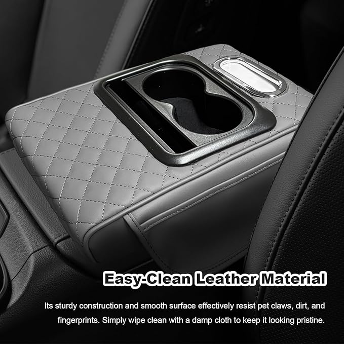 Car Center Console Armrest Pillow, Multifunctional Armrest Box Cover with Cup Phone Tissue Holder & Side Pockets, Waterproof Leather Middle Console Cushion for Most Vehicles (Gray, Embroidered)