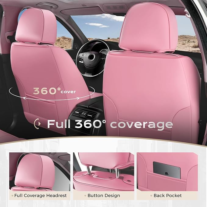 Coverado Car Seat Covers Front Seats, Seat Covers for Cars, Car Seat Protector, 2-Pack Car Seat Cushion Nappa Leather, Waterproof Seat Covers Carseat Cover Universal Fit for Most Cars Trucks(Pink)