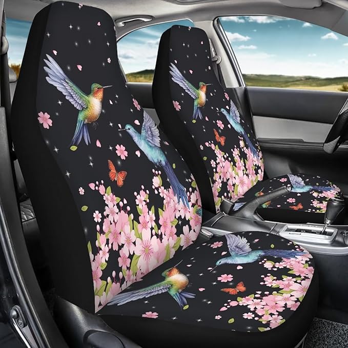 BIGCARJOB Flower Hummingbird Car Seat Cover Set for Front Seat Only,2 Pack Cherry Flower Birds Printed Auto Front Seat Protector Saddle Blanket for Women Girly Car Interior Accessories