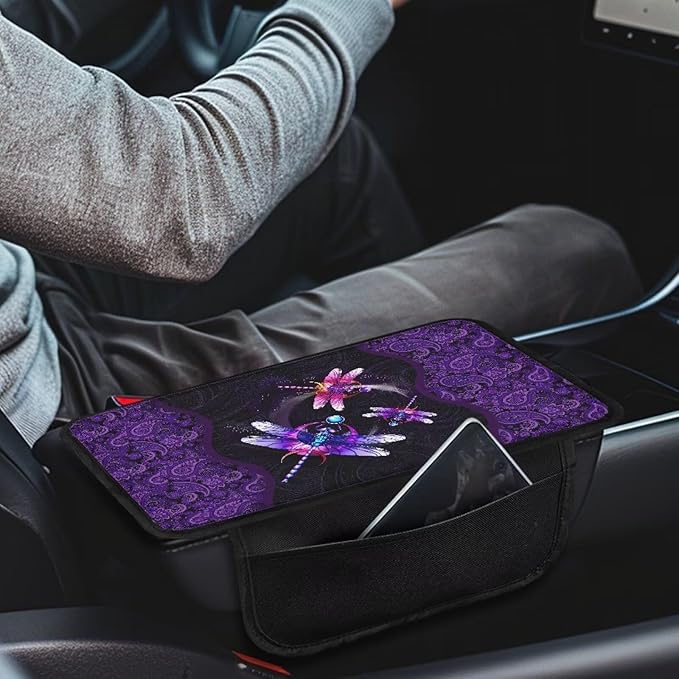 Paisley Flower Dragonfly Print Car Center Console Cover Breathable Auto Armrest Cushion Waterproof Armrest Seat Box Cover Protector Universal for Most Vehicle SUV Truck Car