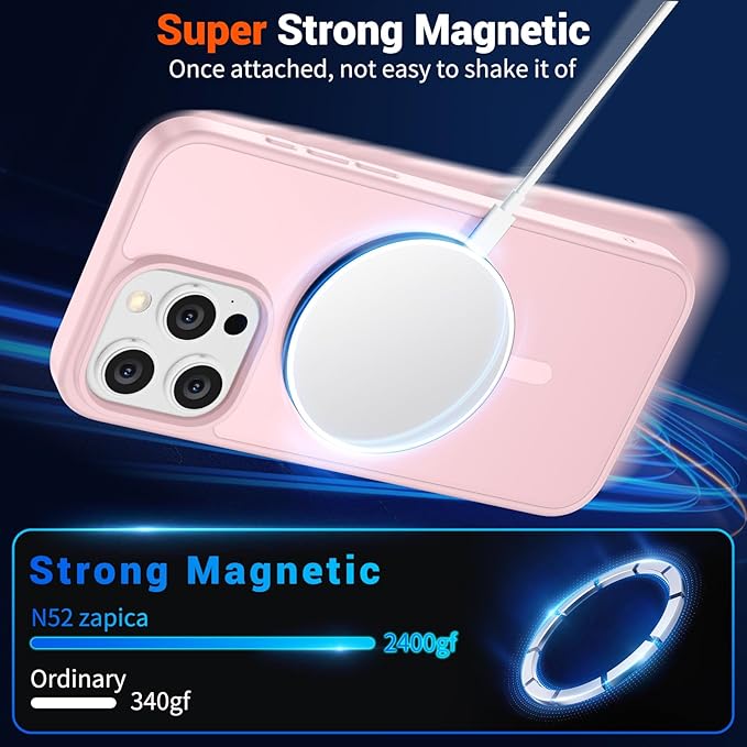 SUPFINE Magnetic for iPhone 15 Pro Case with Screen Protector (Compatible with MagSafe) (Military Grade Drop Protection) Translucent Matte Shockproof Phone Cover,Light Pink
