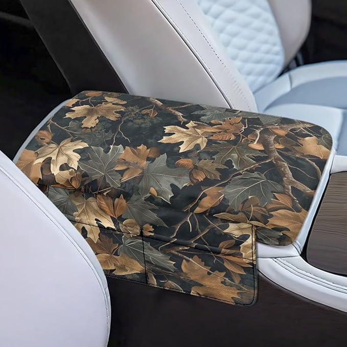 Dreaweet Hunting Forest Camo Center Console Cover Thick Car Armrest Cushion with Storage Bag Soft Comfortable Arm Rest for Car Center Console Universal Fit SUV Truck Sedan