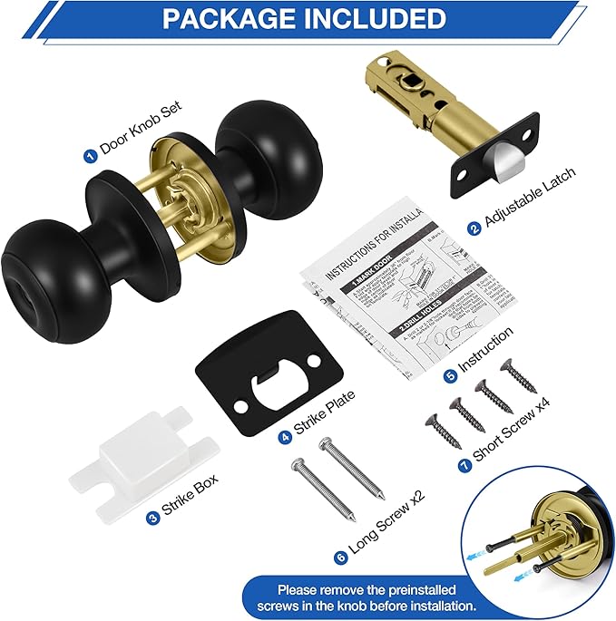 Plustool 8 Pack Matte Black Door Knobs, Privacy Door Knob with Lock, Interior Doorknobs with Round Ball, Keyless Door Lockset for Bedrooms Bathrooms