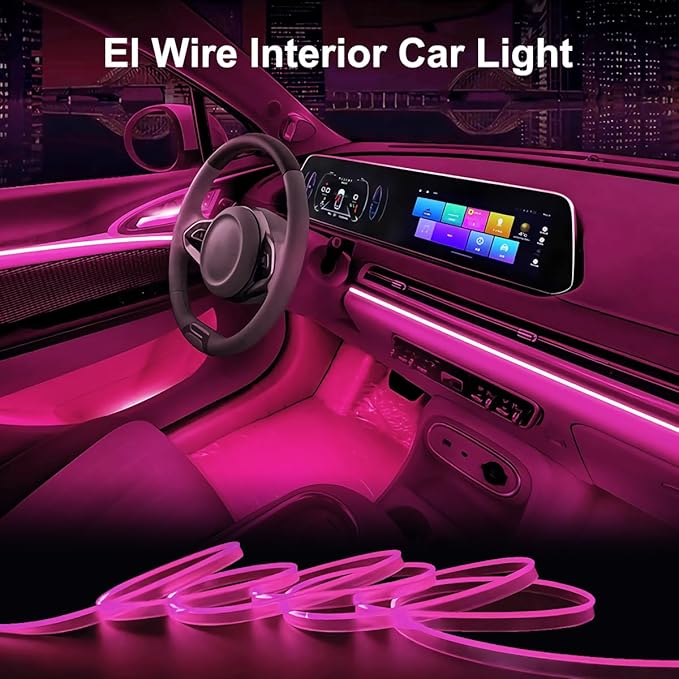 EL Wire Interior Car LED Strip Lights, 16.5FT USB Neon Glowing Strobing Electroluminescent Wire Strip with 6mm Sewing Edge, Ambient Lighting Kits for Car Home Decorations (Pink)