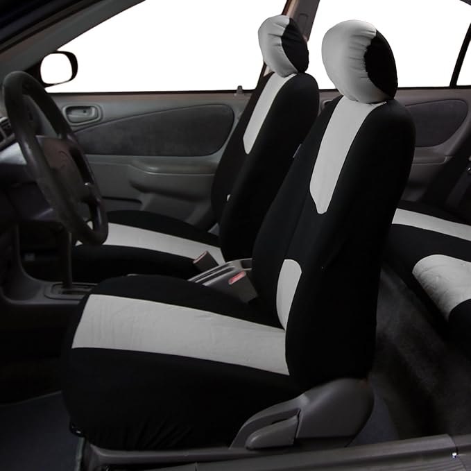 FH Group Car Seat Covers Flat Cloth Automotive Gray Full Set, Rear Solid Bench Universal Fit Combo Steering Wheel Cover & Seat Belt Pads Car Seat Protector for Cars Trucks SUV Interior Accessories